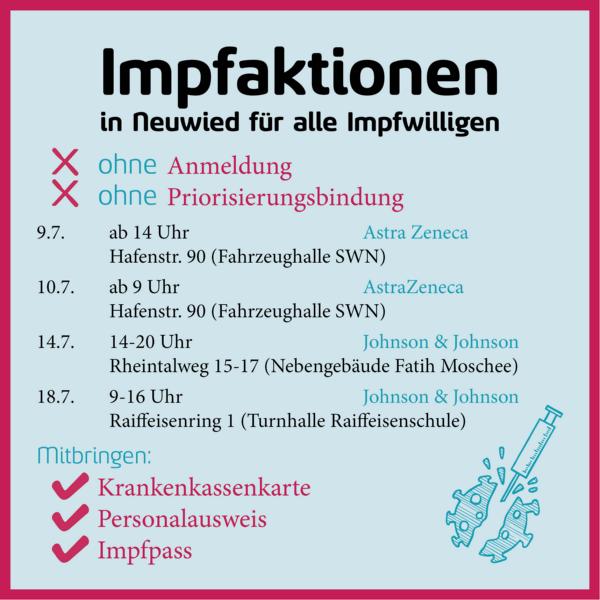 Ohne Anmeldung impfen lassen – Impfaktionen am 14. und 18. Juli in Neuwied