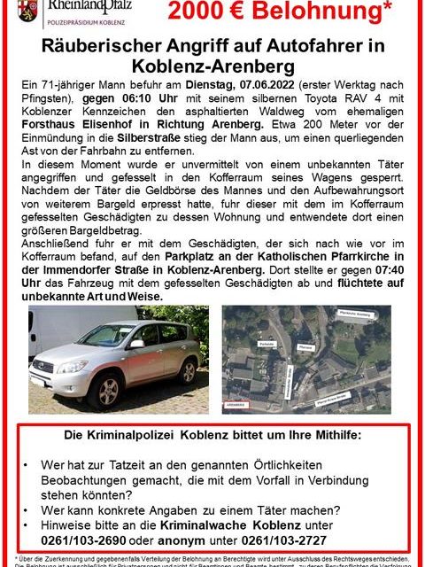Räuberischer Angriff auf Autofahrer in Koblenz Arenberg vom 07.06.2022 – Polizei bittet nochmals um Mithilfe